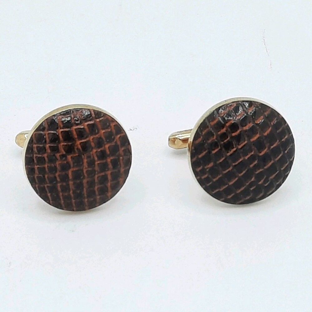 Vintage Hickok Brown Faux Snakeskin Leather Cufflinks Goldtone Metal